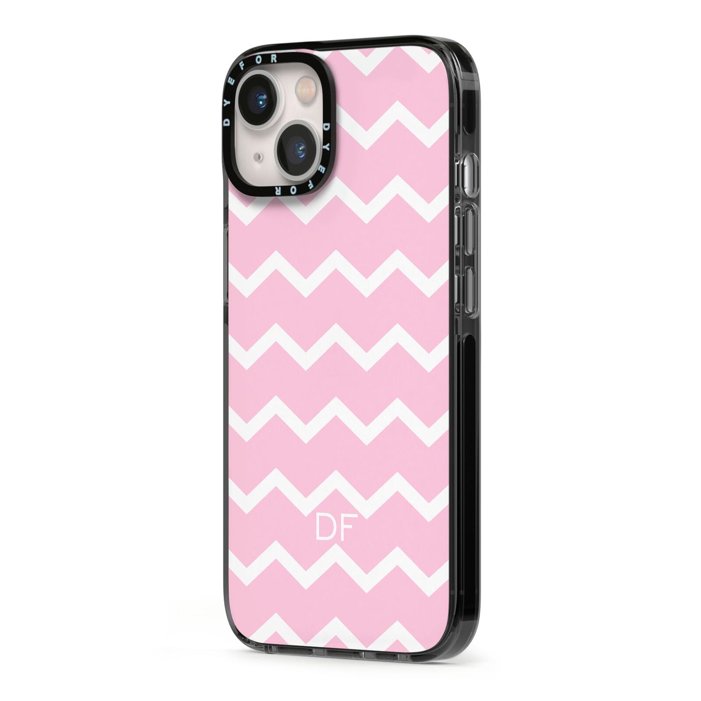 Personalised Chevron Pink iPhone 13 Black Impact Case Side Angle on Silver phone