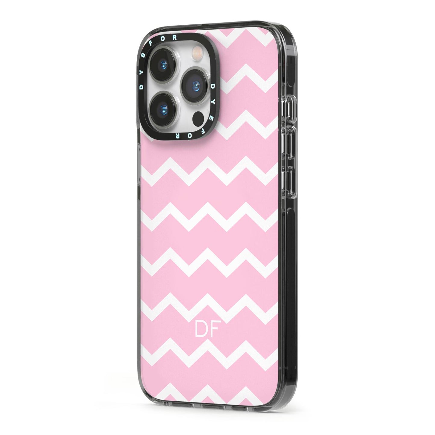 Personalised Chevron Pink iPhone 13 Pro Black Impact Case Side Angle on Silver phone