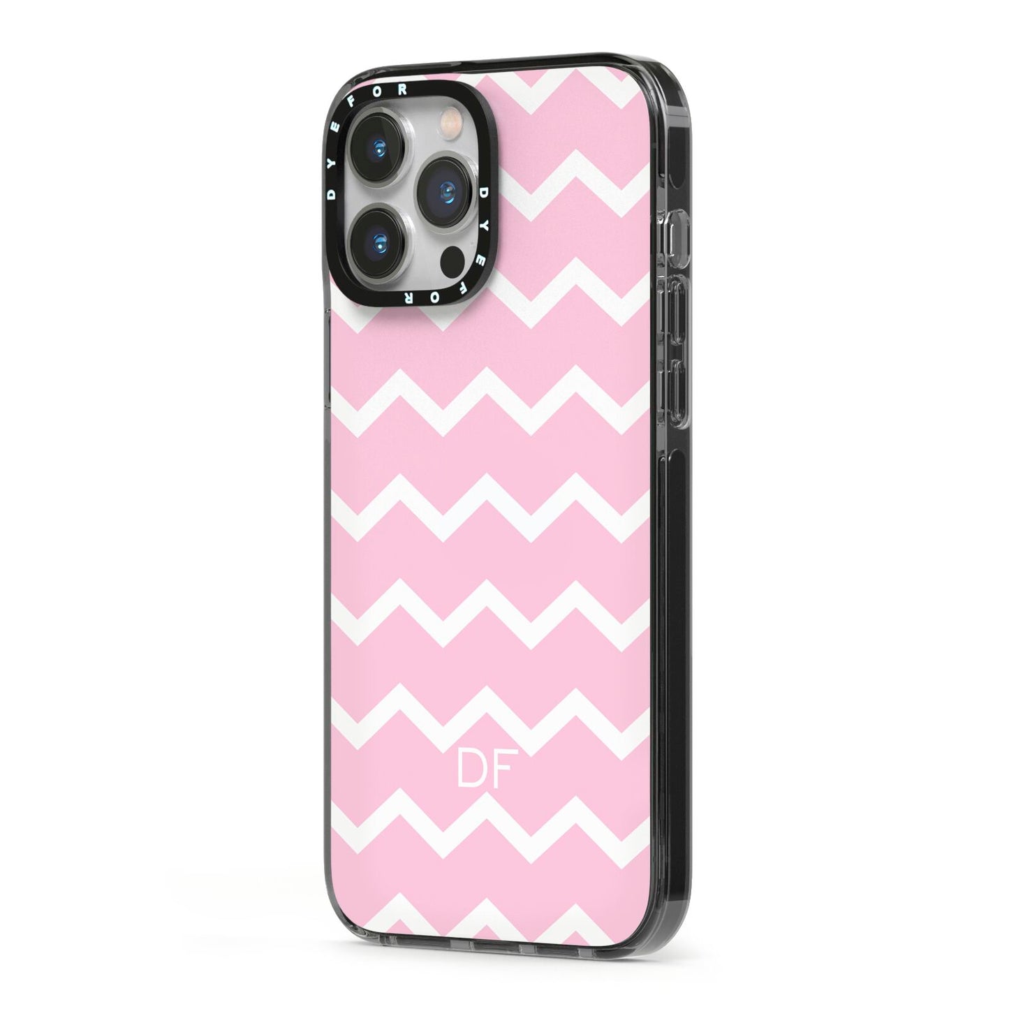 Personalised Chevron Pink iPhone 13 Pro Max Black Impact Case Side Angle on Silver phone