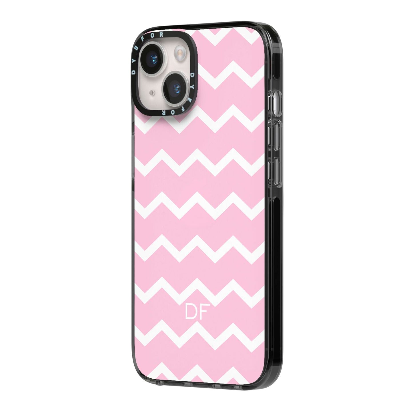 Personalised Chevron Pink iPhone 14 Black Impact Case Side Angle on Silver phone