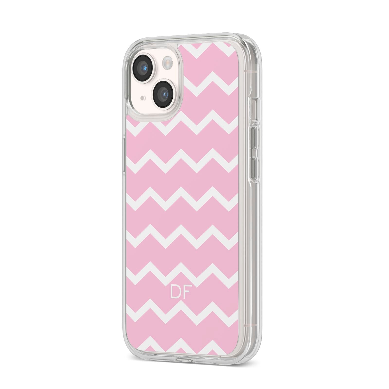 Personalised Chevron Pink iPhone 14 Clear Tough Case Starlight Angled Image