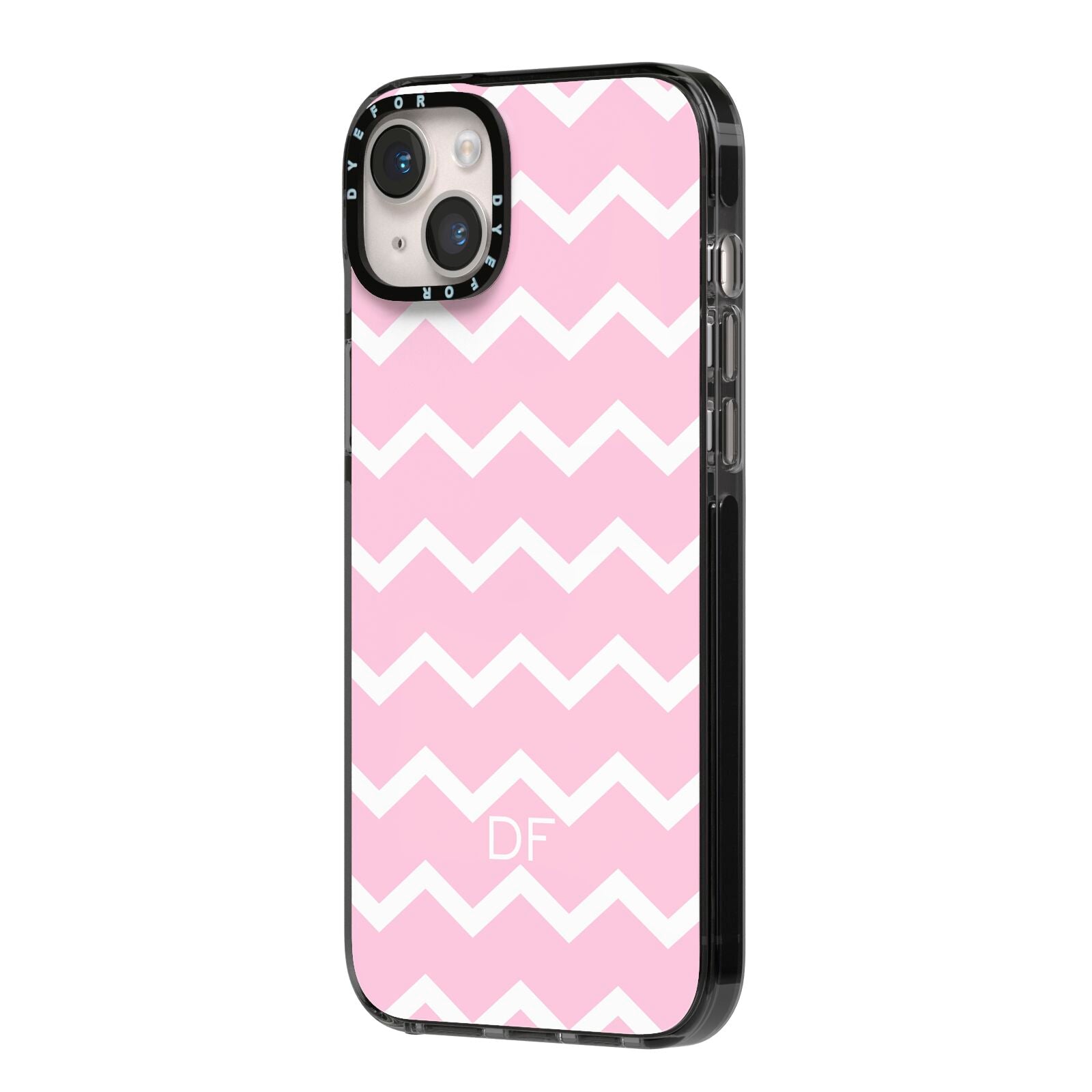 Personalised Chevron Pink iPhone 14 Plus Black Impact Case Side Angle on Silver phone