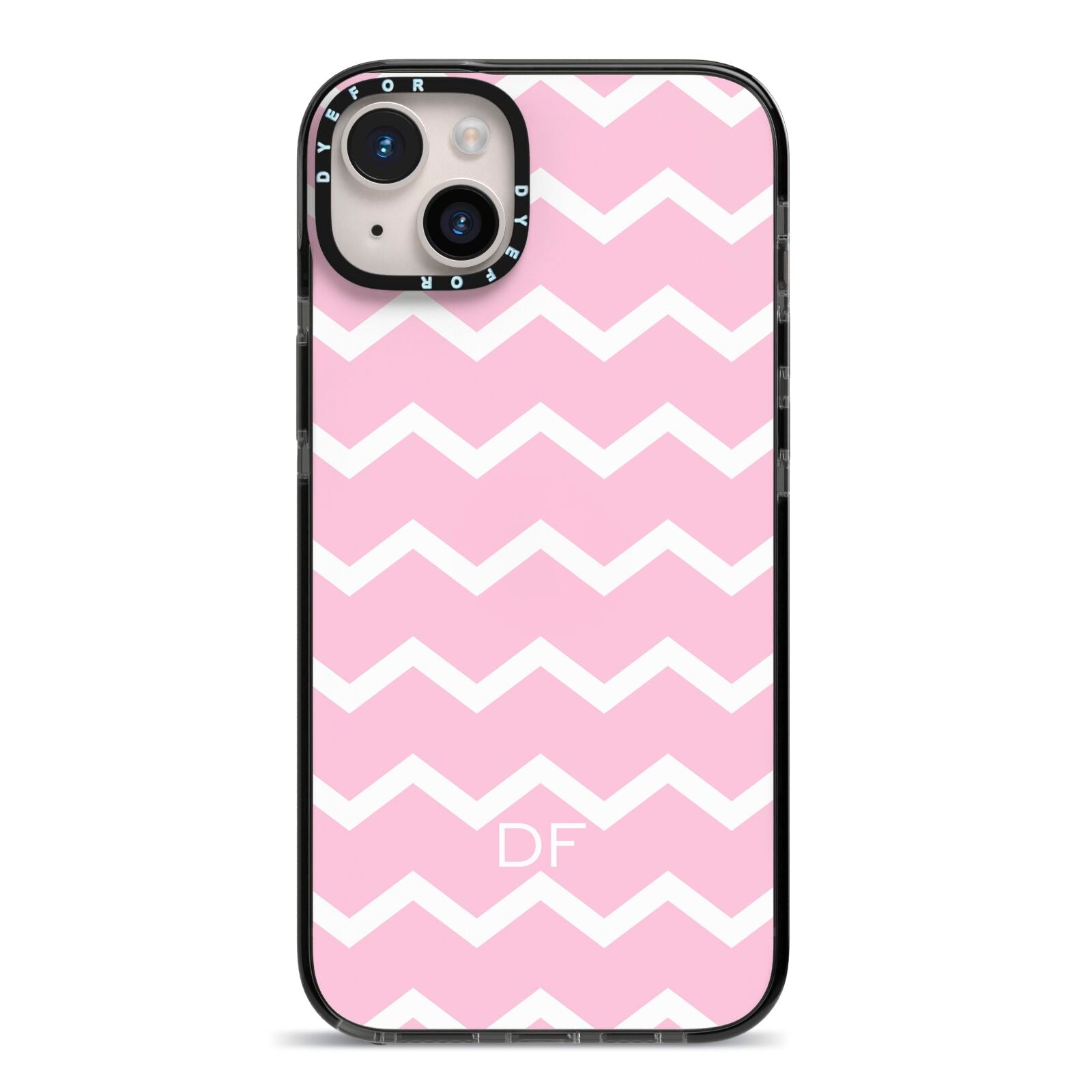 Personalised Chevron Pink iPhone 14 Plus Black Impact Case on Silver phone