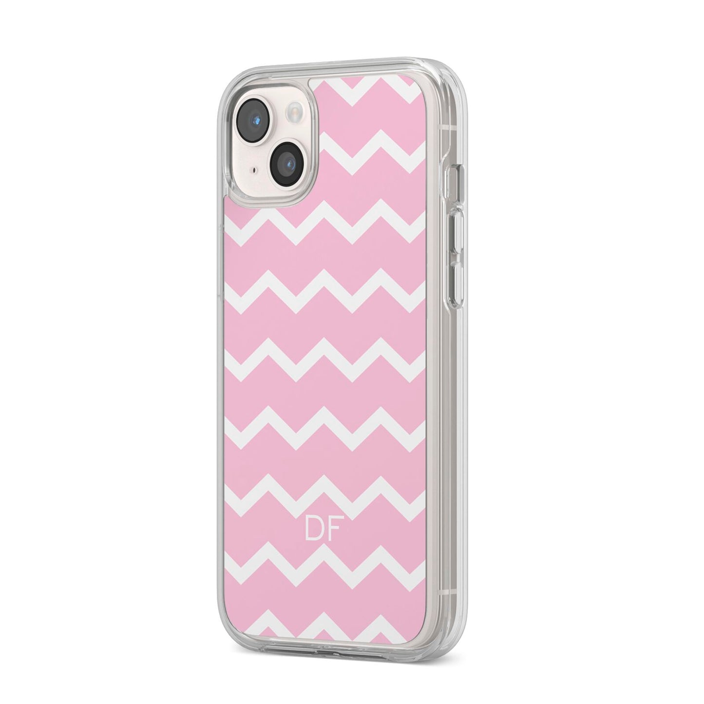 Personalised Chevron Pink iPhone 14 Plus Clear Tough Case Starlight Angled Image