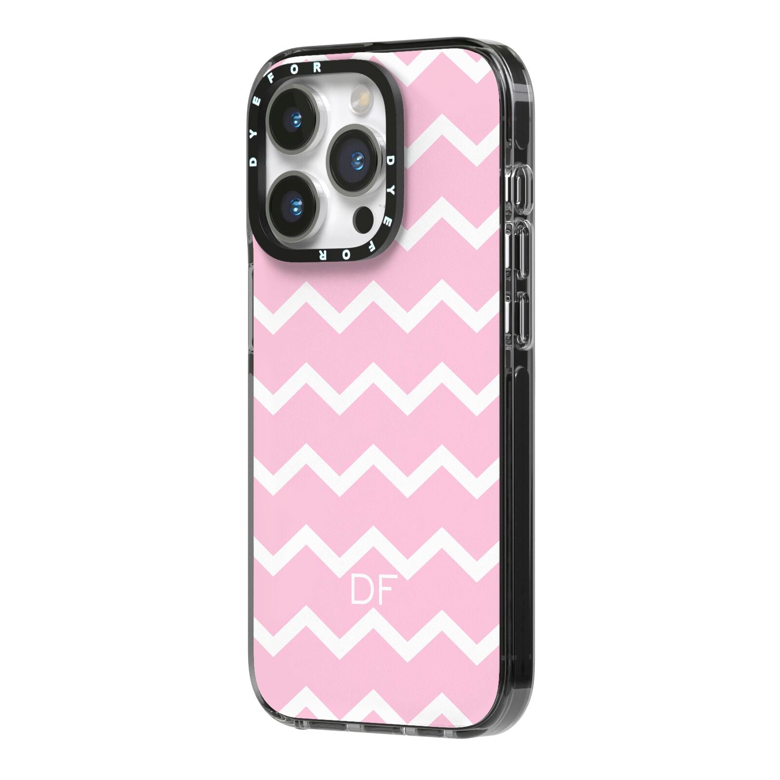 Personalised Chevron Pink iPhone 14 Pro Black Impact Case Side Angle on Silver phone