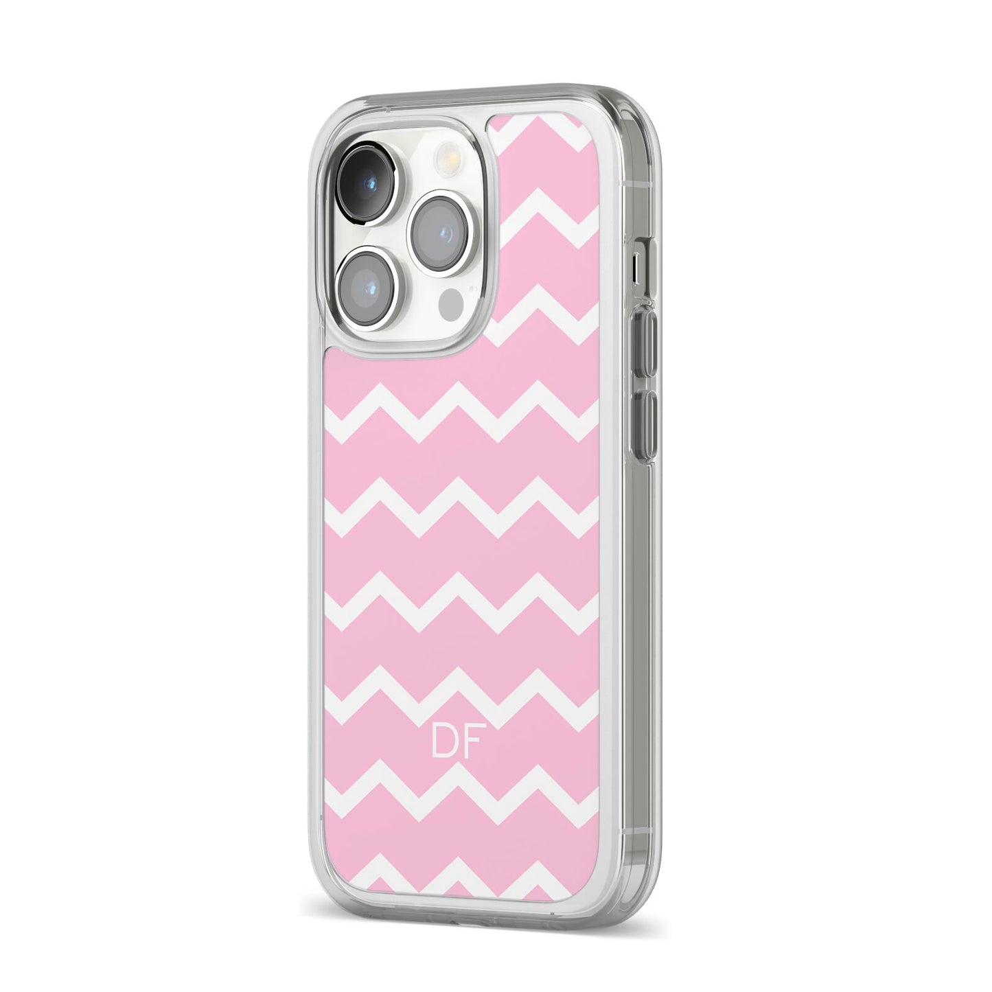 Personalised Chevron Pink iPhone 14 Pro Clear Tough Case Silver Angled Image