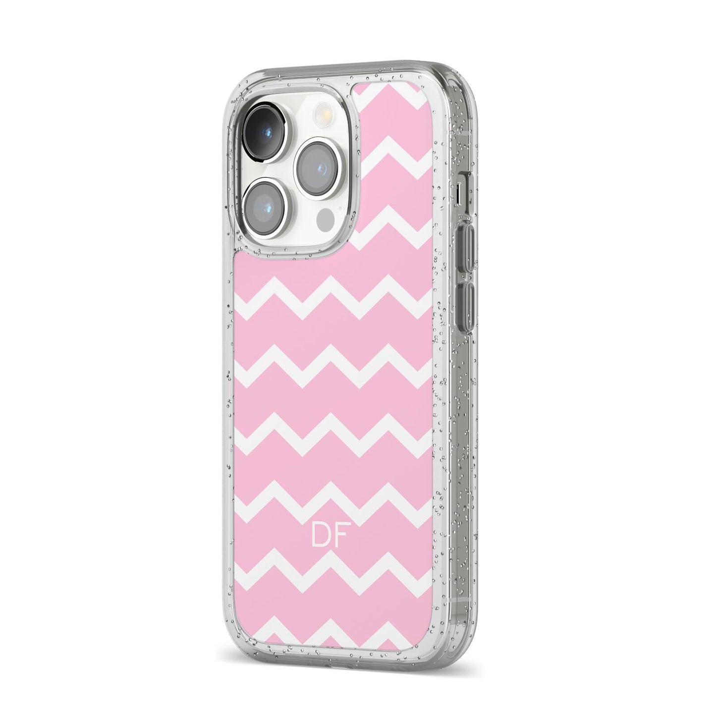 Personalised Chevron Pink iPhone 14 Pro Glitter Tough Case Silver Angled Image