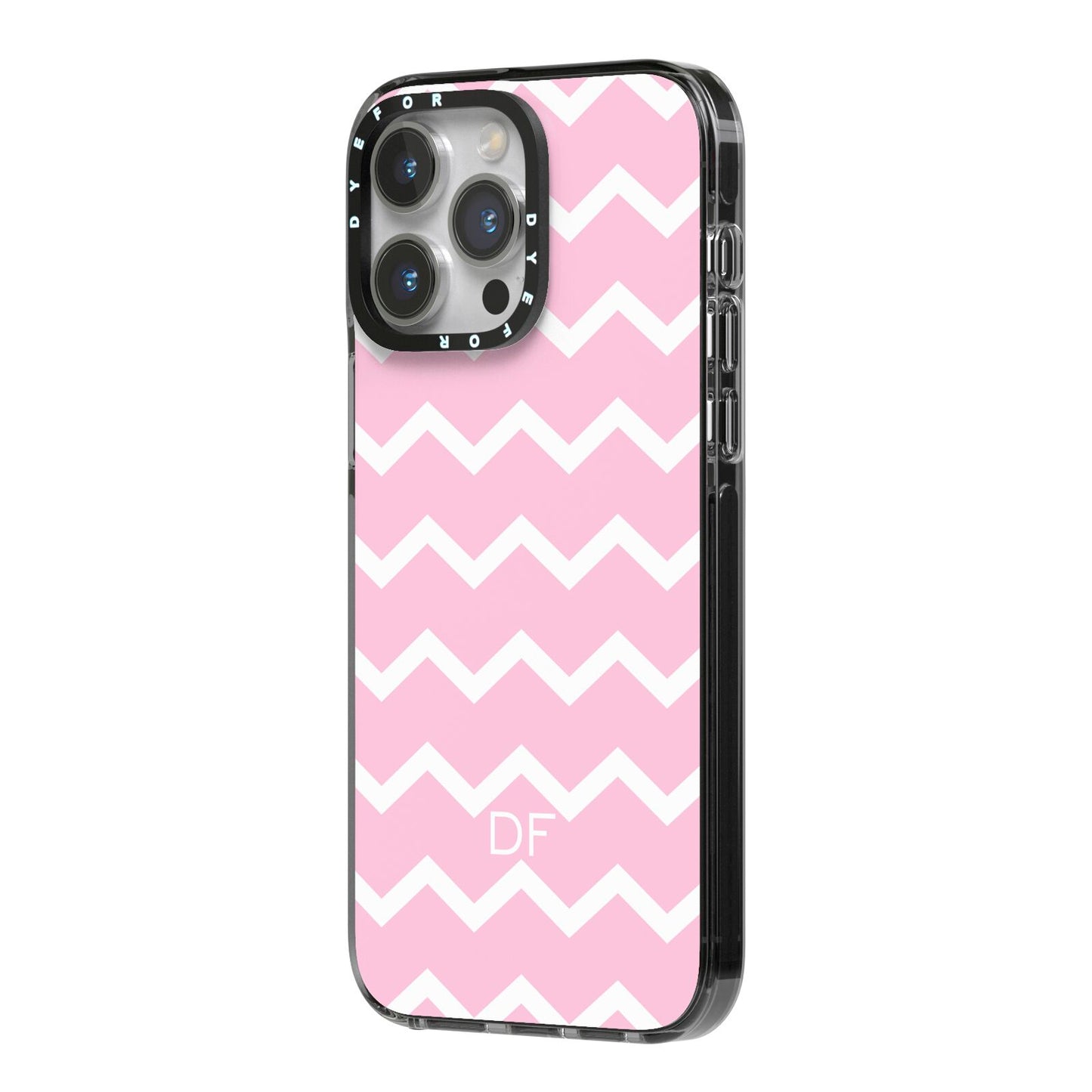 Personalised Chevron Pink iPhone 14 Pro Max Black Impact Case Side Angle on Silver phone