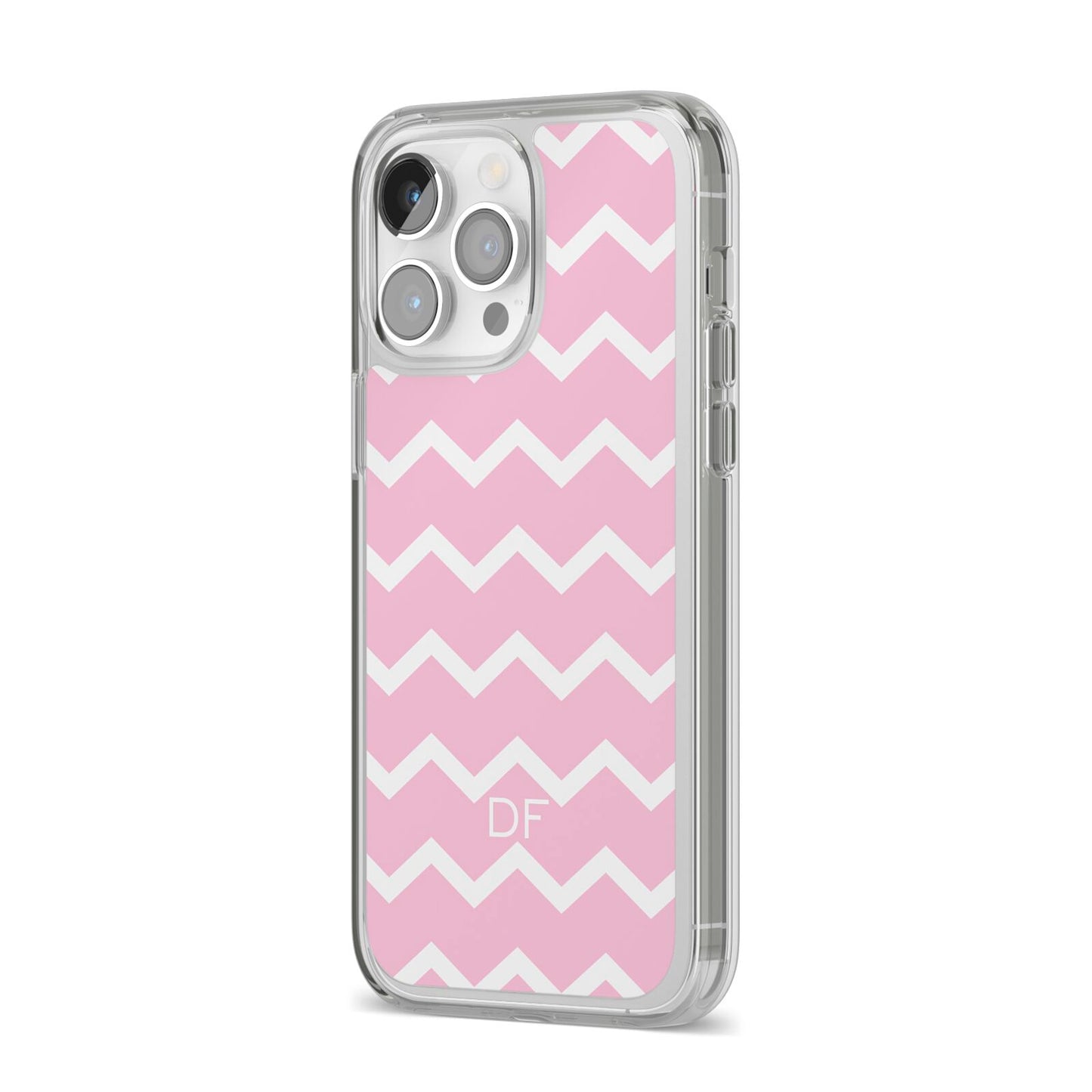 Personalised Chevron Pink iPhone 14 Pro Max Clear Tough Case Silver Angled Image