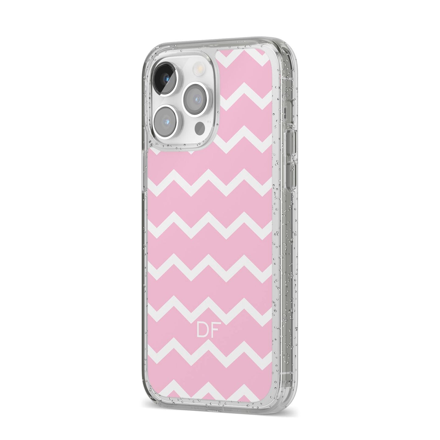 Personalised Chevron Pink iPhone 14 Pro Max Glitter Tough Case Silver Angled Image