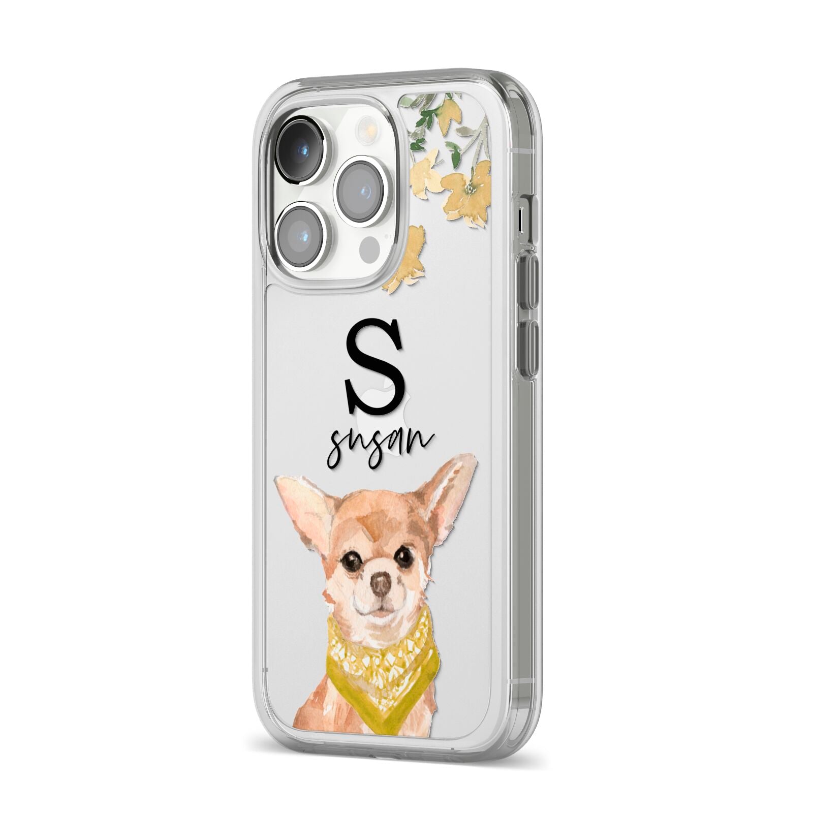 Personalised Chihuahua Dog iPhone 14 Pro Clear Tough Case Silver Angled Image