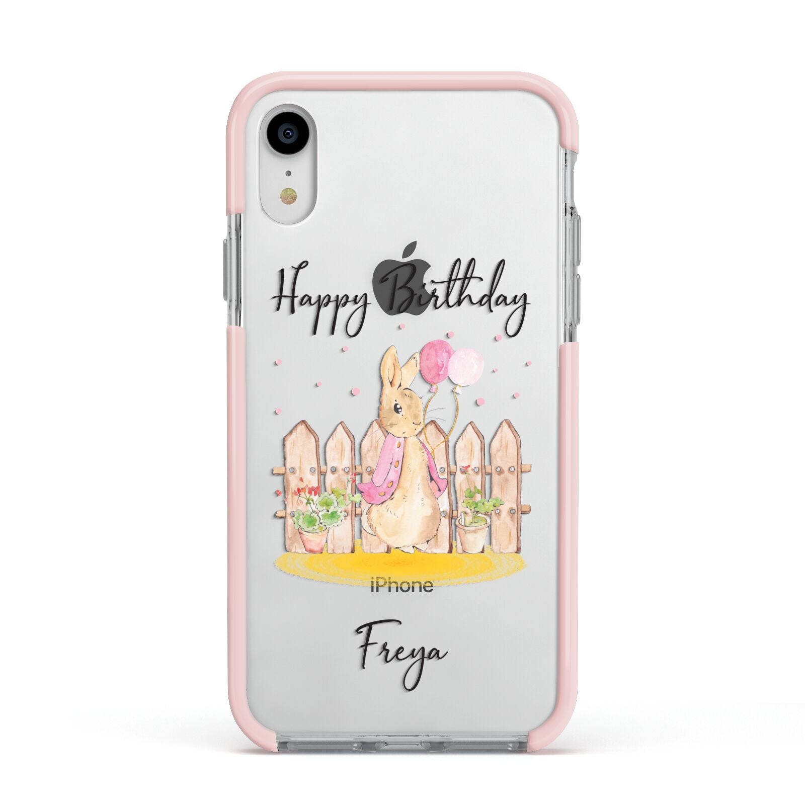 Personalised Children s Birthday Rabbit Apple iPhone XR Impact Case Pink Edge on Silver Phone