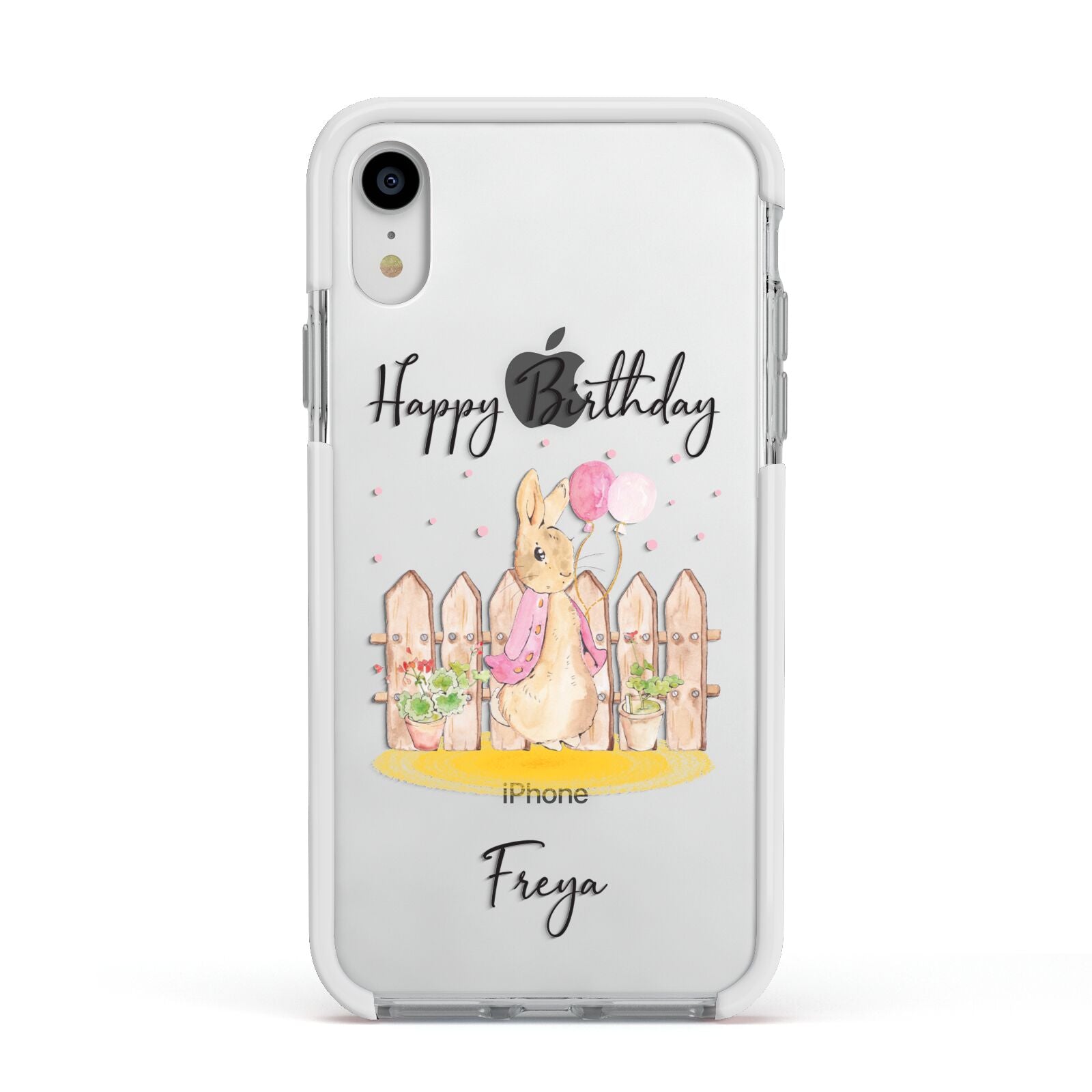 Personalised Children s Birthday Rabbit Apple iPhone XR Impact Case White Edge on Silver Phone