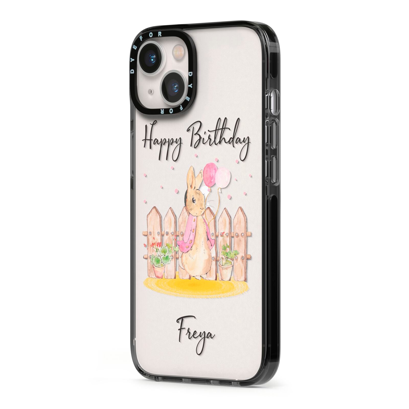 Personalised Children s Birthday Rabbit iPhone 13 Black Impact Case Side Angle on Silver phone