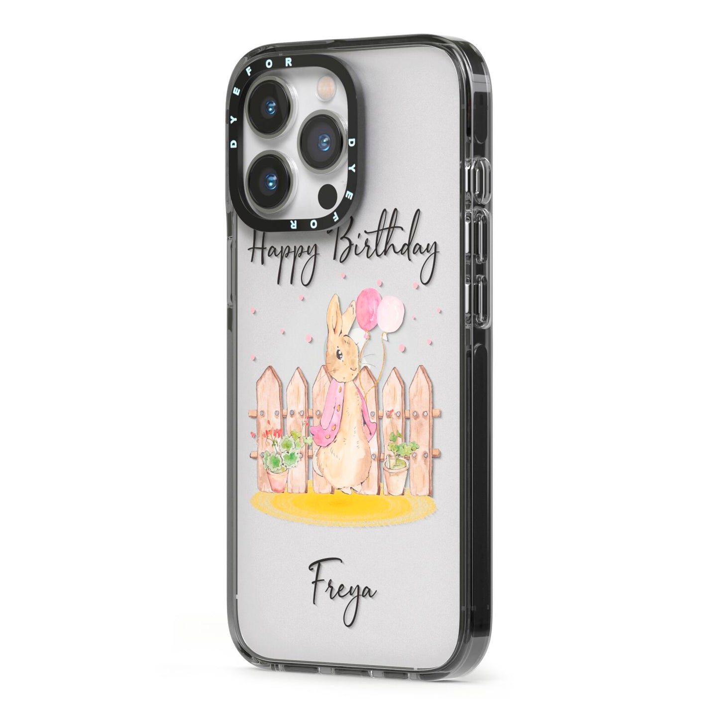 Personalised Children s Birthday Rabbit iPhone 13 Pro Black Impact Case Side Angle on Silver phone