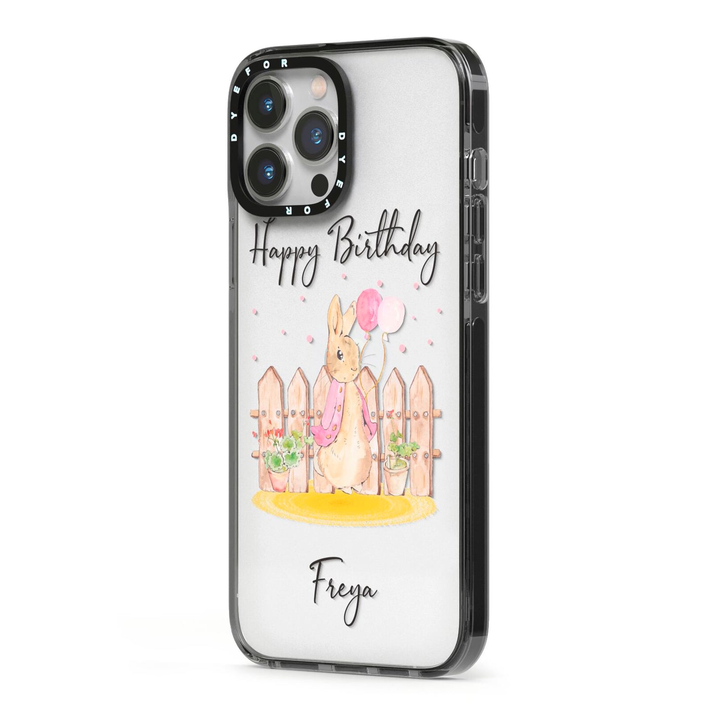 Personalised Children s Birthday Rabbit iPhone 13 Pro Max Black Impact Case Side Angle on Silver phone