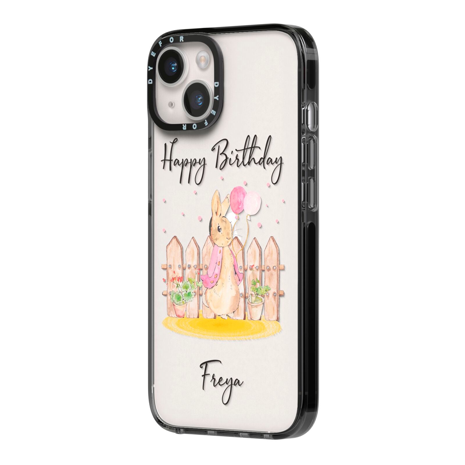 Personalised Children s Birthday Rabbit iPhone 14 Black Impact Case Side Angle on Silver phone