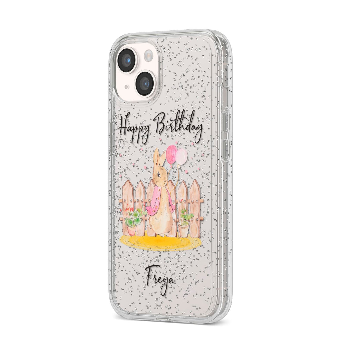 Personalised Children s Birthday Rabbit iPhone 14 Glitter Tough Case Starlight Angled Image