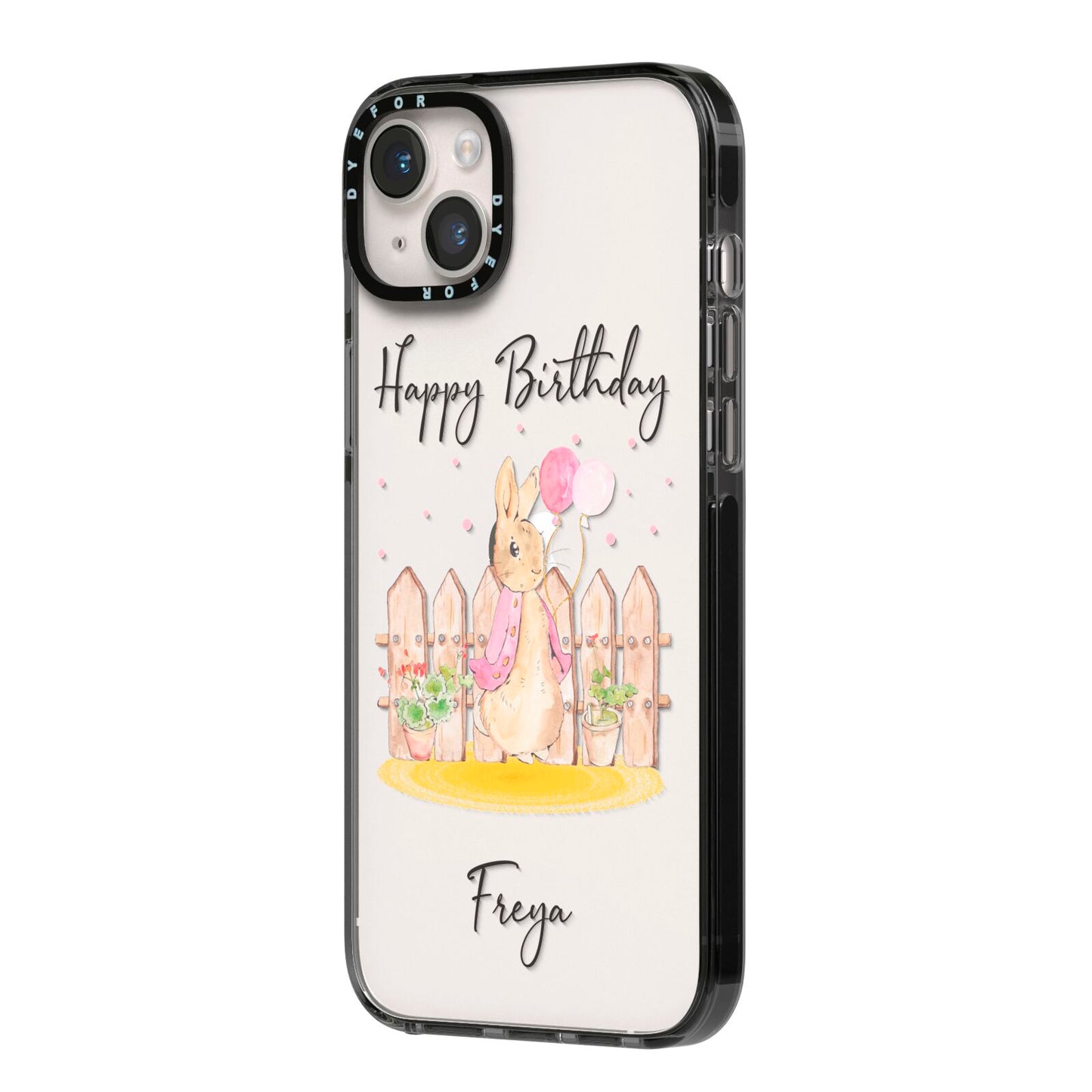 Personalised Children s Birthday Rabbit iPhone 14 Plus Black Impact Case Side Angle on Silver phone