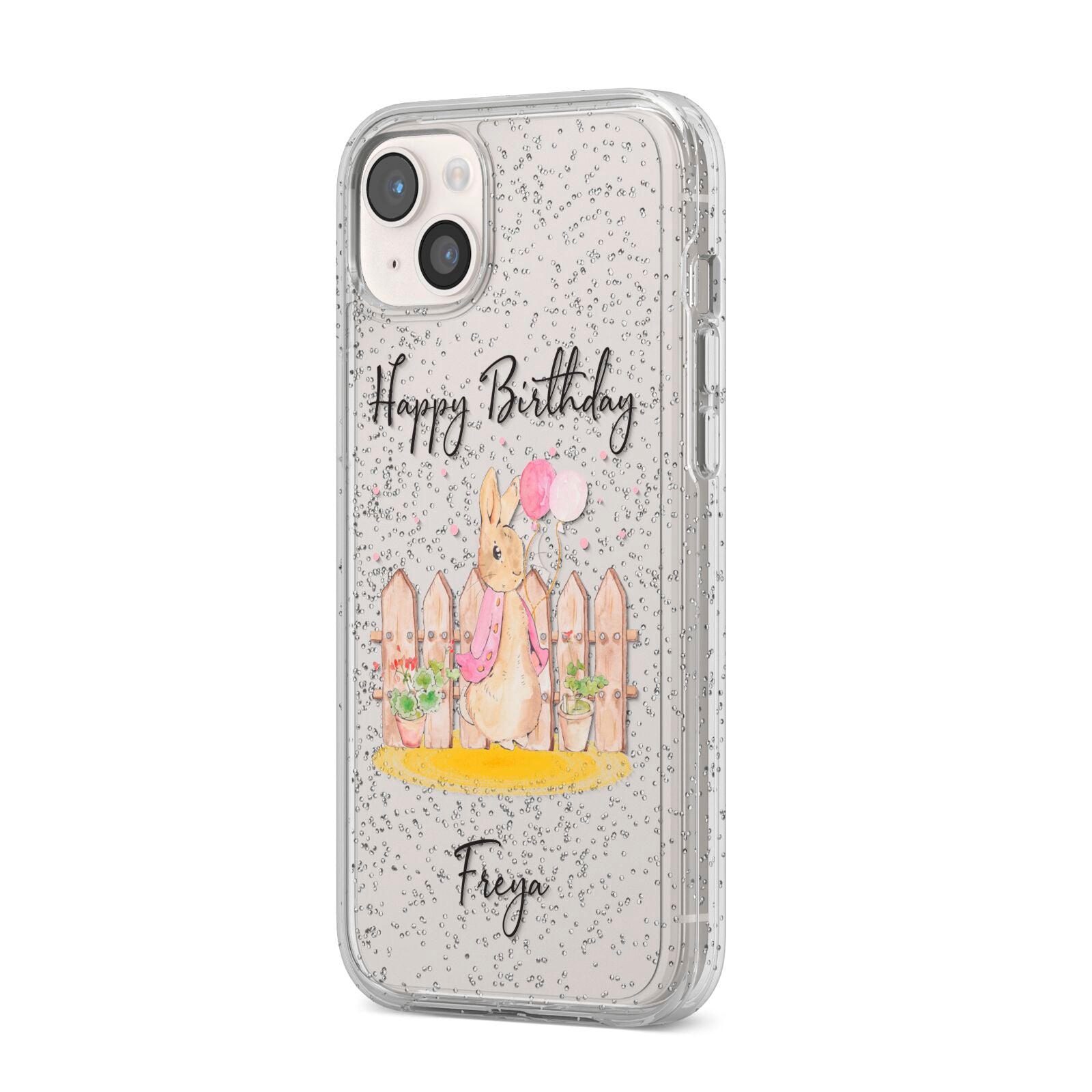 Personalised Children s Birthday Rabbit iPhone 14 Plus Glitter Tough Case Starlight Angled Image
