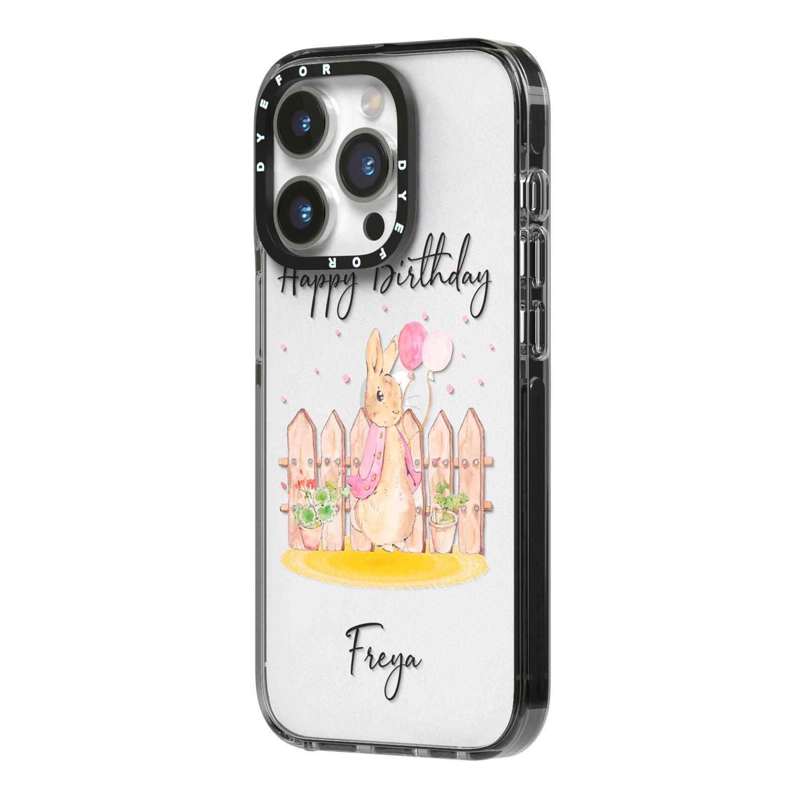 Personalised Children s Birthday Rabbit iPhone 14 Pro Black Impact Case Side Angle on Silver phone