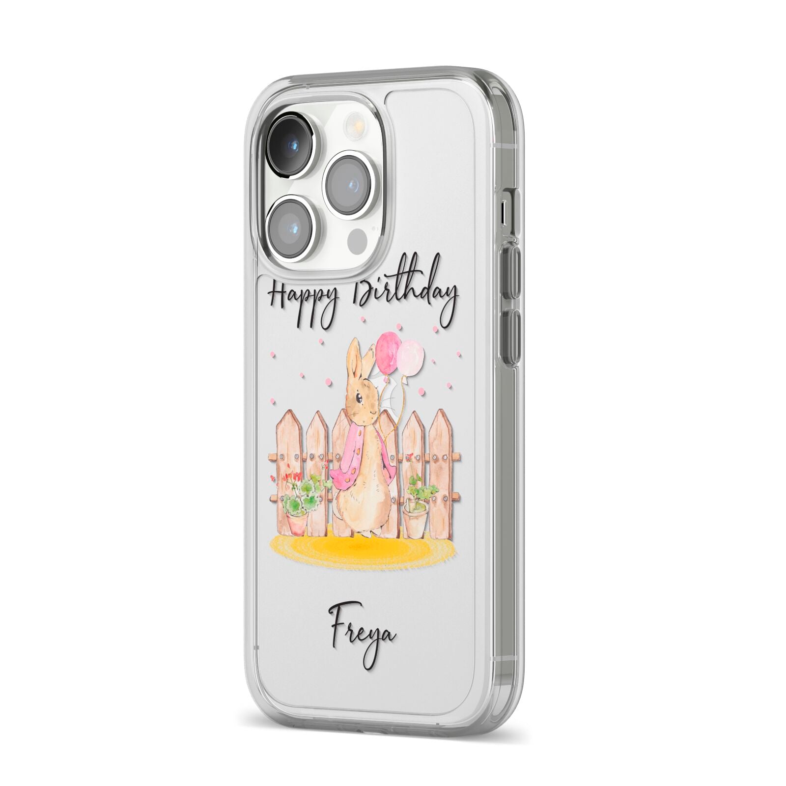 Personalised Children s Birthday Rabbit iPhone 14 Pro Clear Tough Case Silver Angled Image
