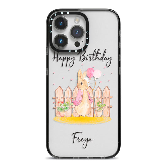 Personalised Children s Birthday Rabbit iPhone 14 Pro Max Black Impact Case on Silver phone