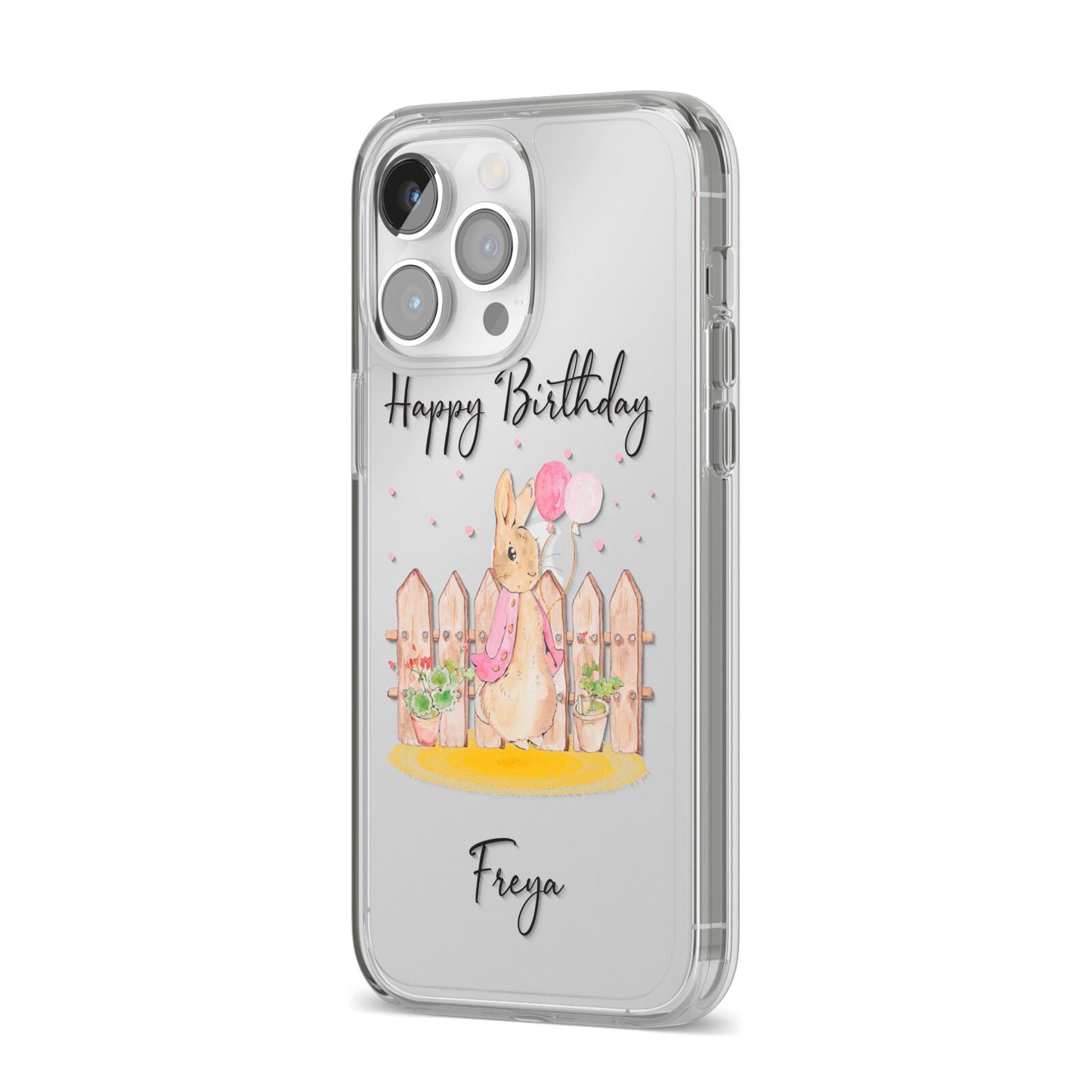 Personalised Children s Birthday Rabbit iPhone 14 Pro Max Clear Tough Case Silver Angled Image