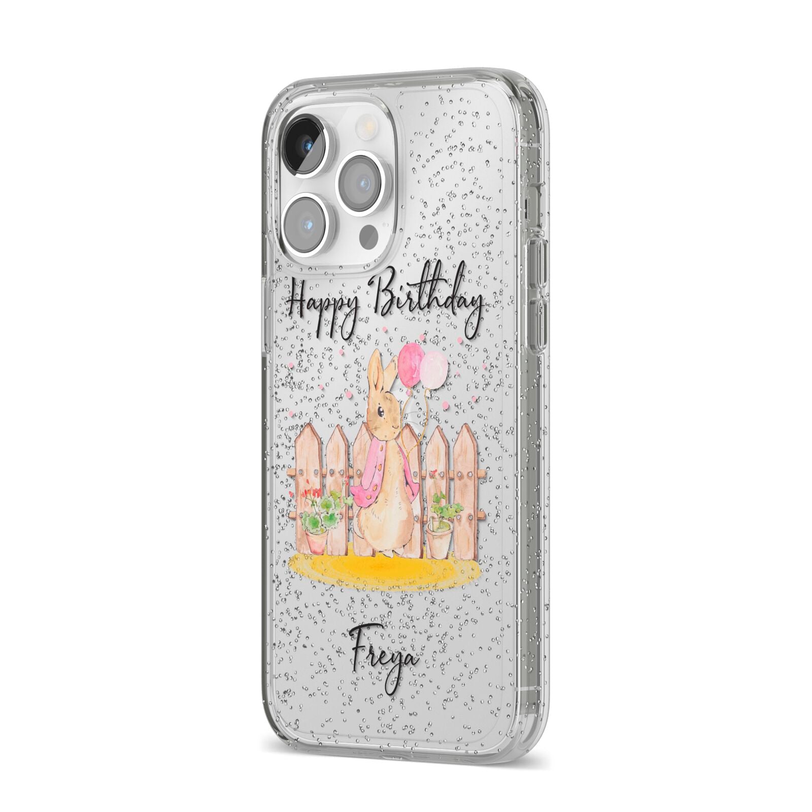 Personalised Children s Birthday Rabbit iPhone 14 Pro Max Glitter Tough Case Silver Angled Image