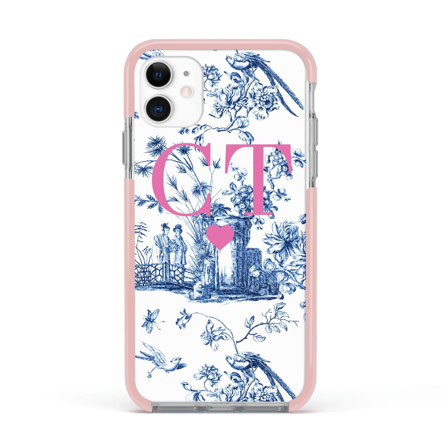 Personalised Chinoiserie Initials Apple iPhone 11 in White with Pink Impact Case