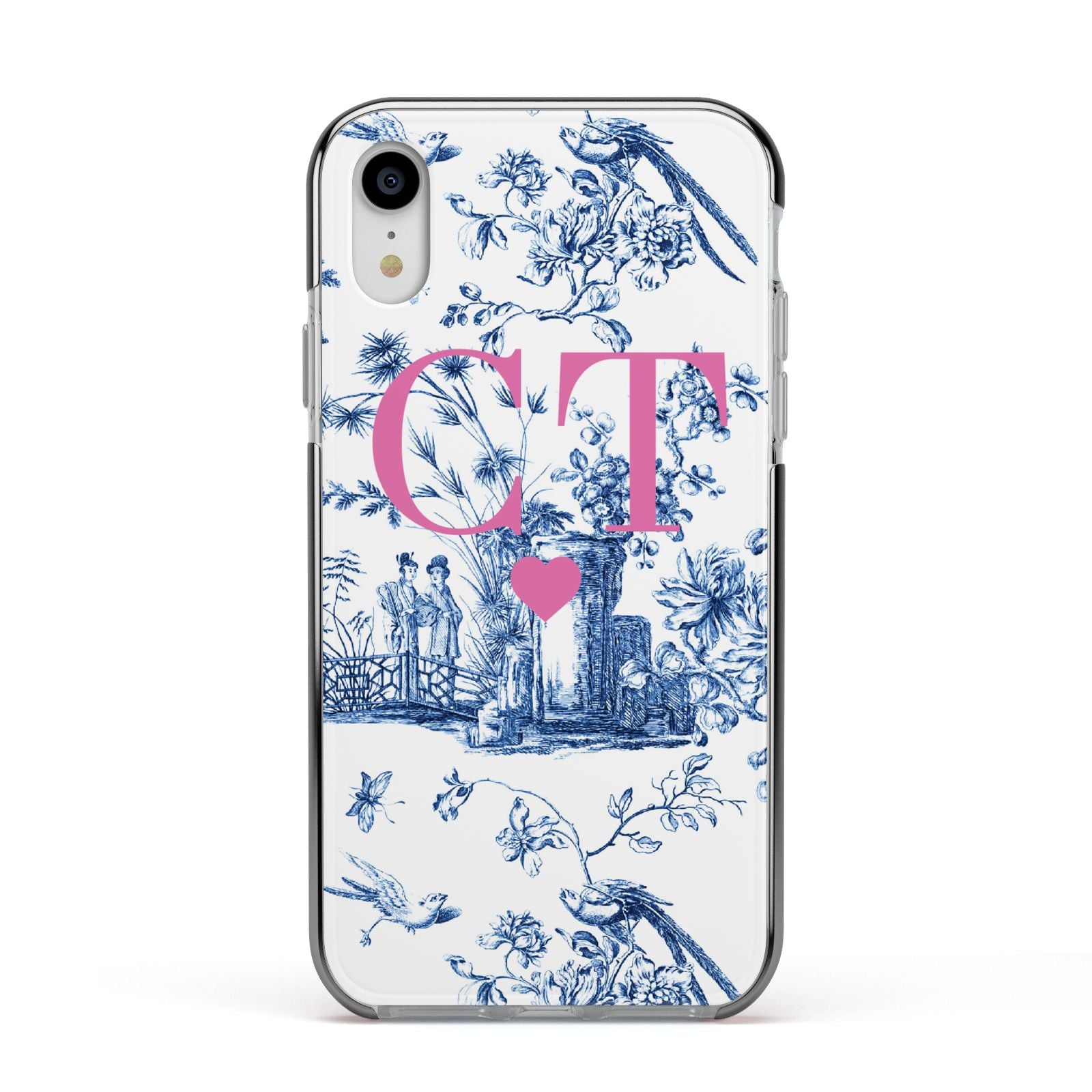 Personalised Chinoiserie Initials Apple iPhone XR Impact Case Black Edge on Silver Phone