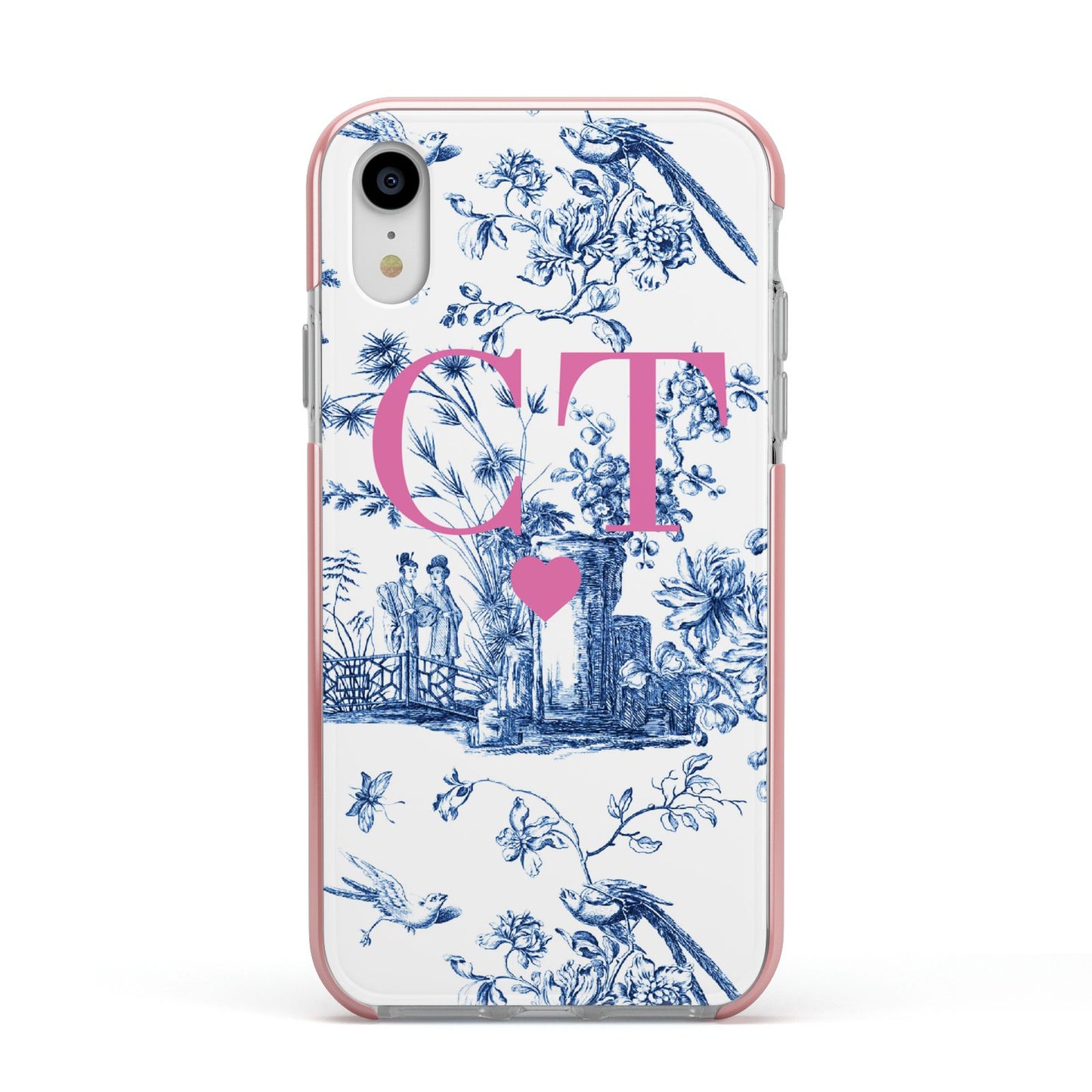 Personalised Chinoiserie Initials Apple iPhone XR Impact Case Pink Edge on Silver Phone