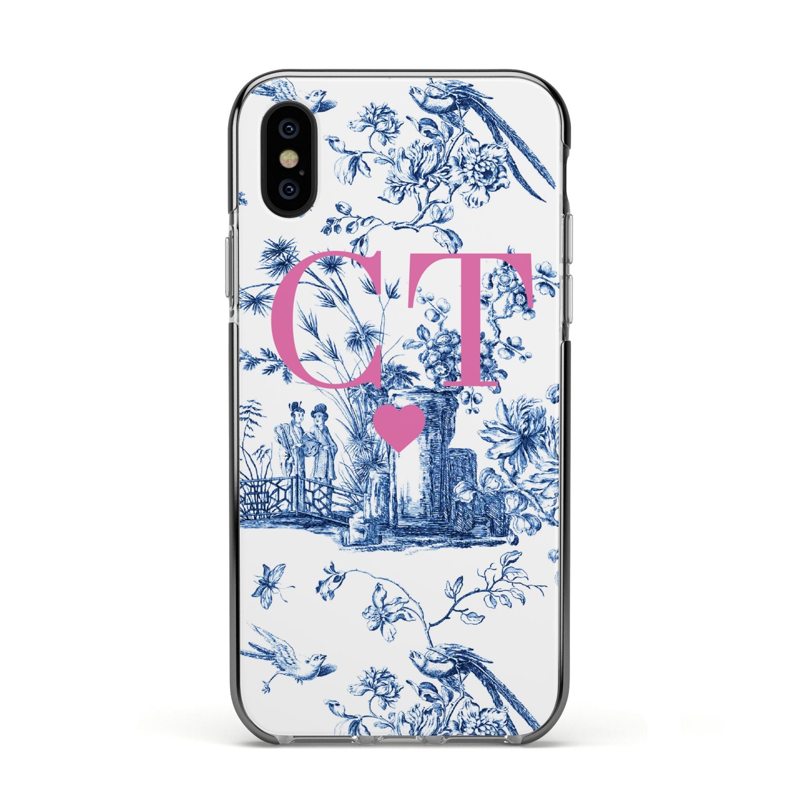 Personalised Chinoiserie Initials Apple iPhone Xs Impact Case Black Edge on Black Phone