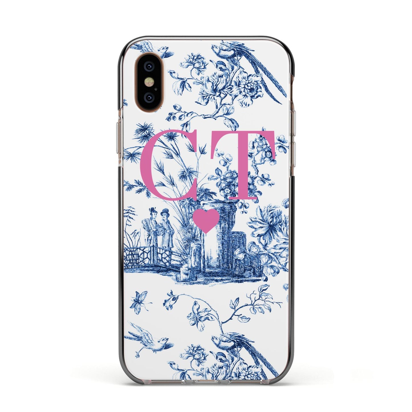 Personalised Chinoiserie Initials Apple iPhone Xs Impact Case Black Edge on Gold Phone