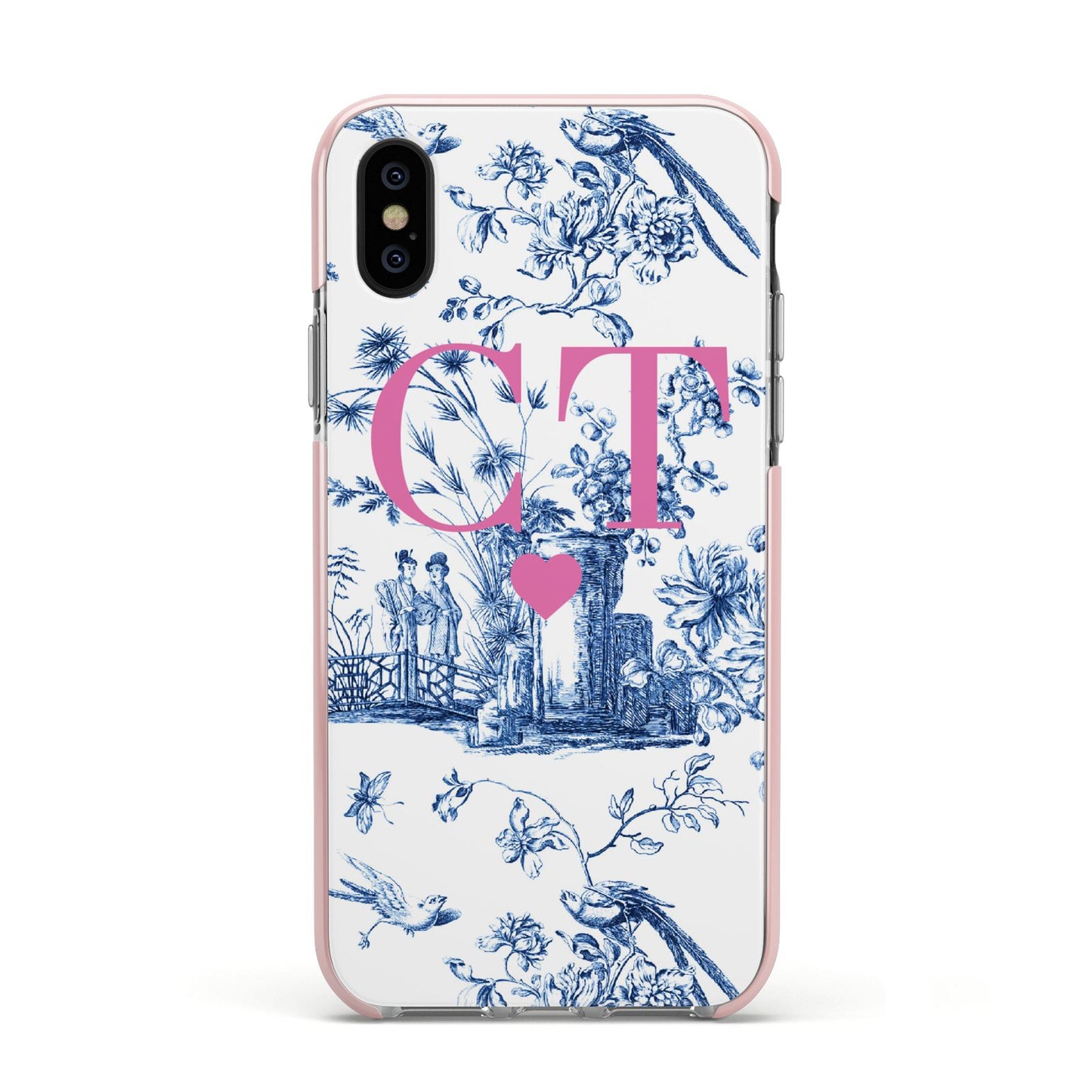 Personalised Chinoiserie Initials Apple iPhone Xs Impact Case Pink Edge on Black Phone