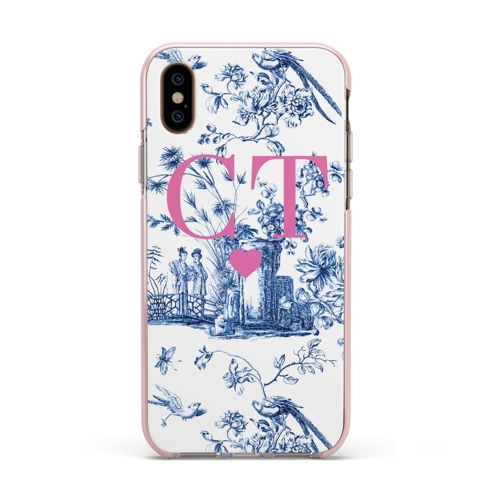 Personalised Chinoiserie Initials Apple iPhone Xs Impact Case Pink Edge on Gold Phone