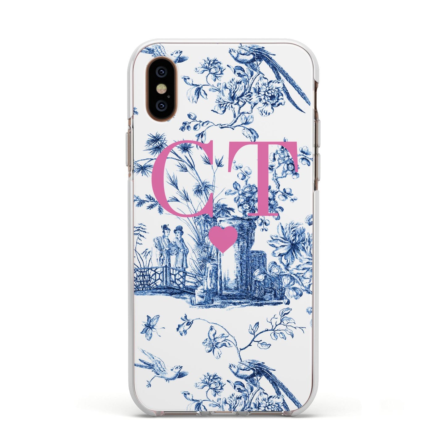 Personalised Chinoiserie Initials Apple iPhone Xs Impact Case White Edge on Gold Phone