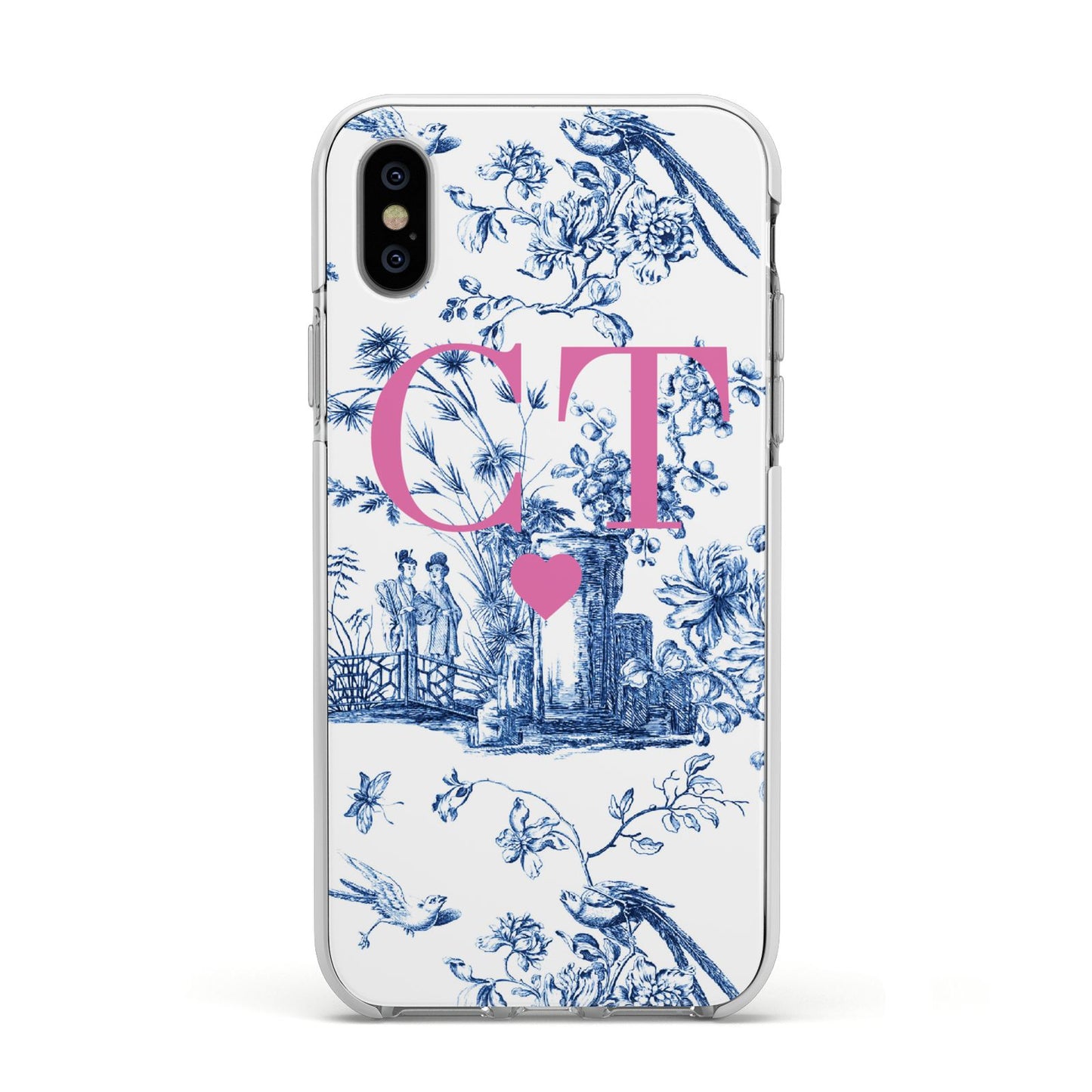 Personalised Chinoiserie Initials Apple iPhone Xs Impact Case White Edge on Silver Phone