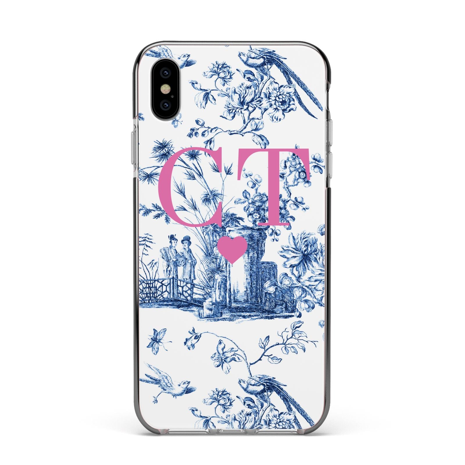 Personalised Chinoiserie Initials Apple iPhone Xs Max Impact Case Black Edge on Silver Phone