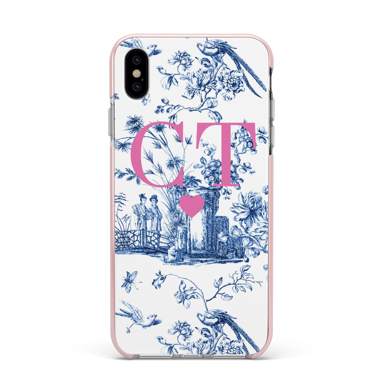 Personalised Chinoiserie Initials Apple iPhone Xs Max Impact Case Pink Edge on Silver Phone