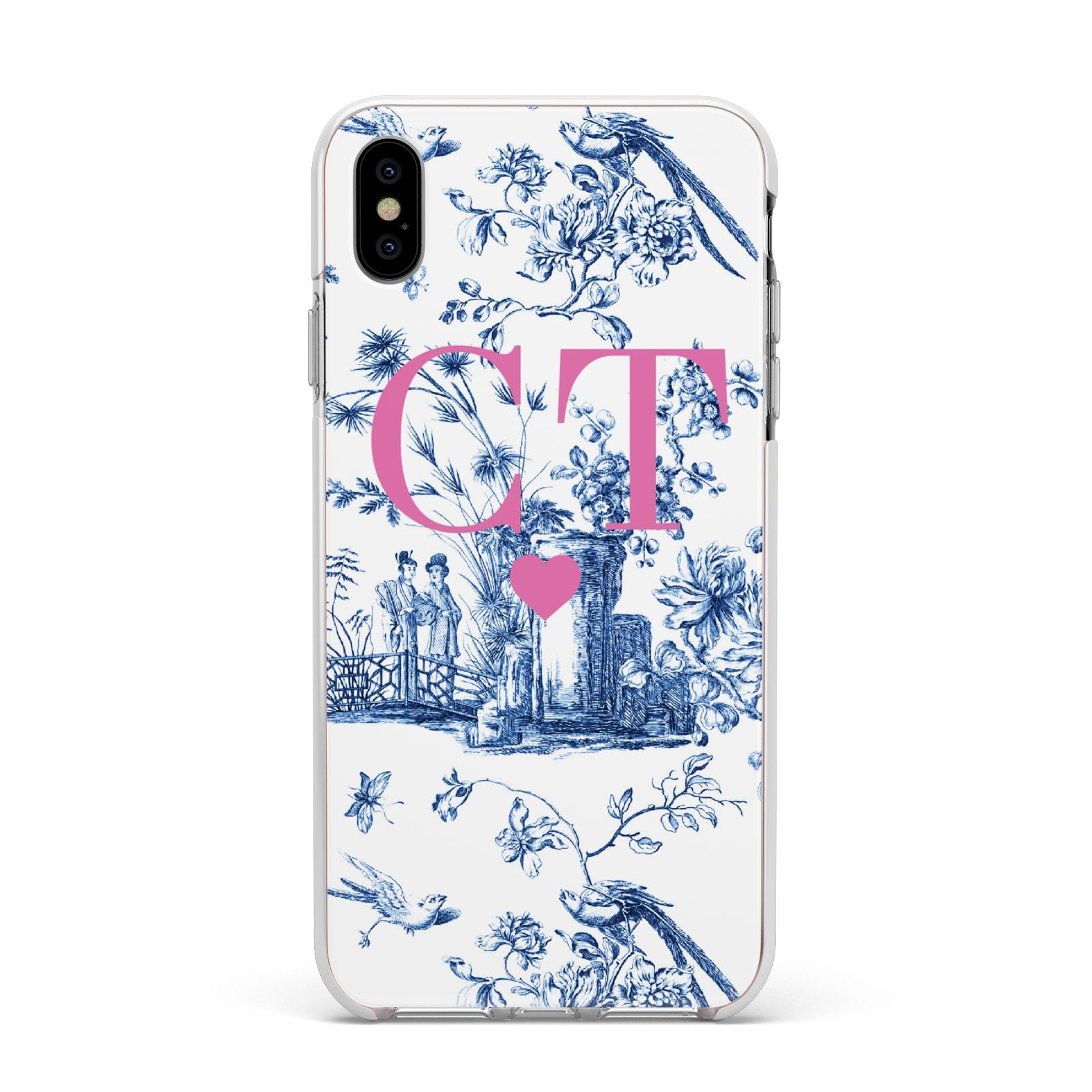 Personalised Chinoiserie Initials Apple iPhone Xs Max Impact Case White Edge on Silver Phone