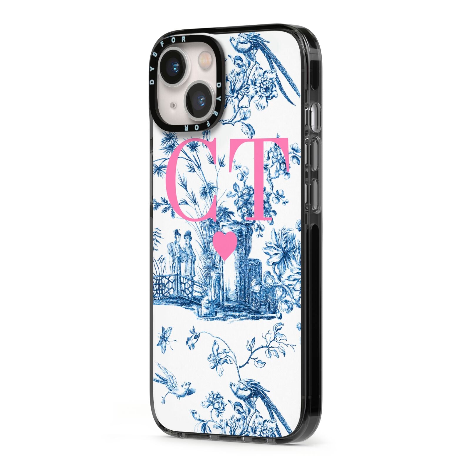 Personalised Chinoiserie Initials iPhone 13 Black Impact Case Side Angle on Silver phone