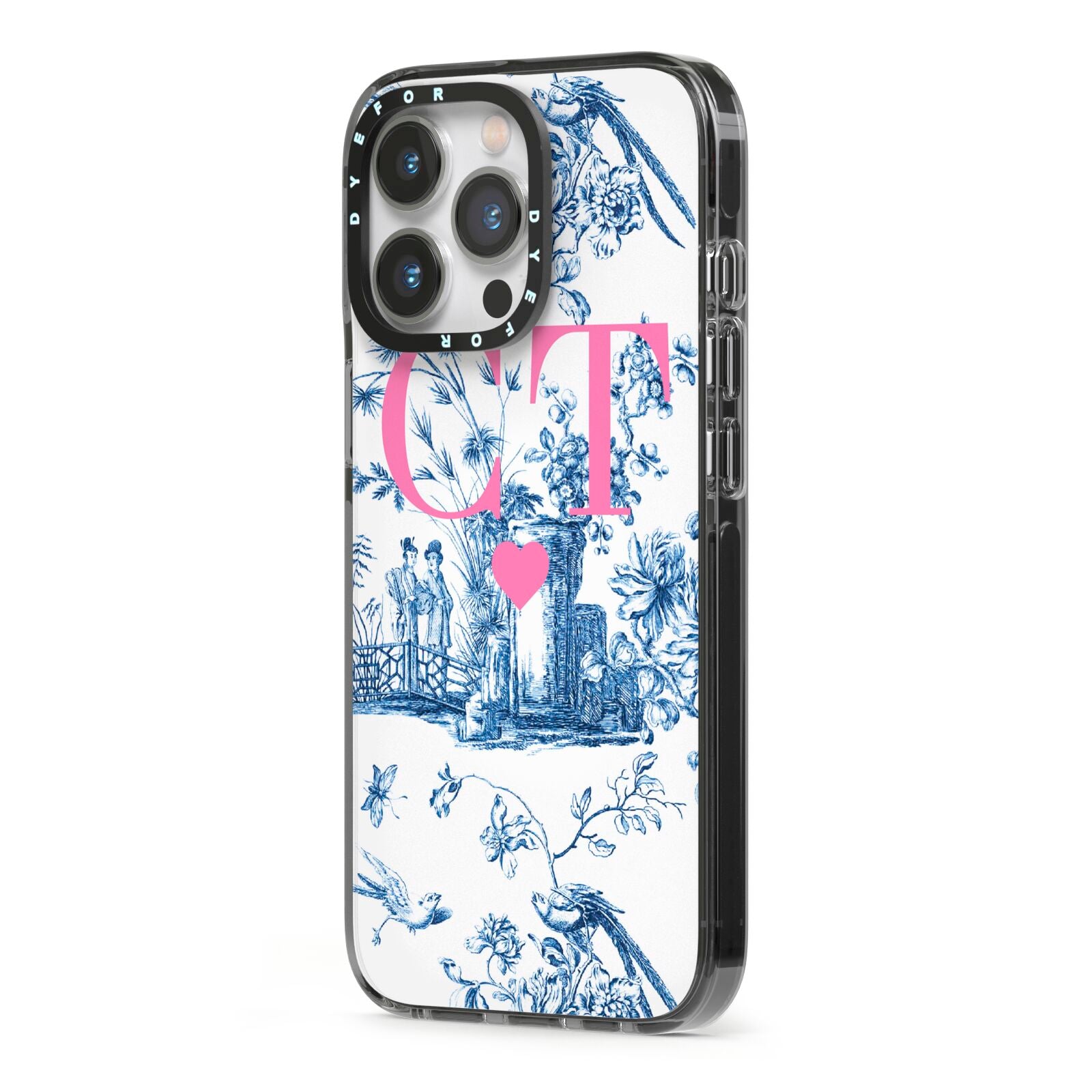 Personalised Chinoiserie Initials iPhone 13 Pro Black Impact Case Side Angle on Silver phone