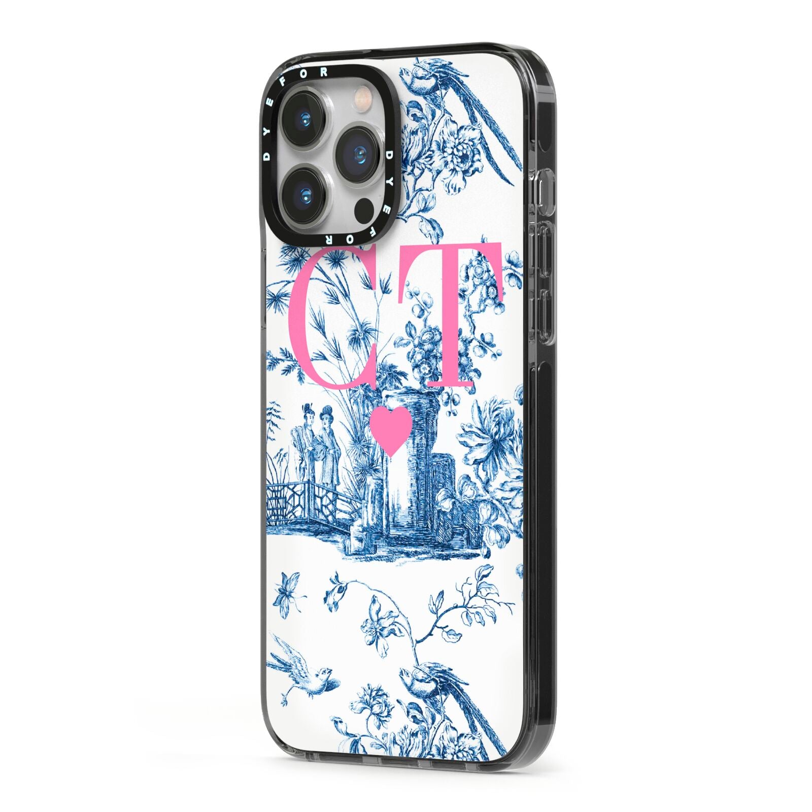 Personalised Chinoiserie Initials iPhone 13 Pro Max Black Impact Case Side Angle on Silver phone