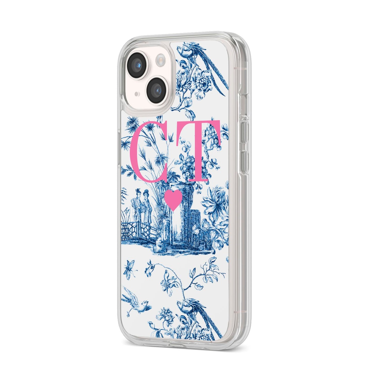 Personalised Chinoiserie Initials iPhone 14 Clear Tough Case Starlight Angled Image