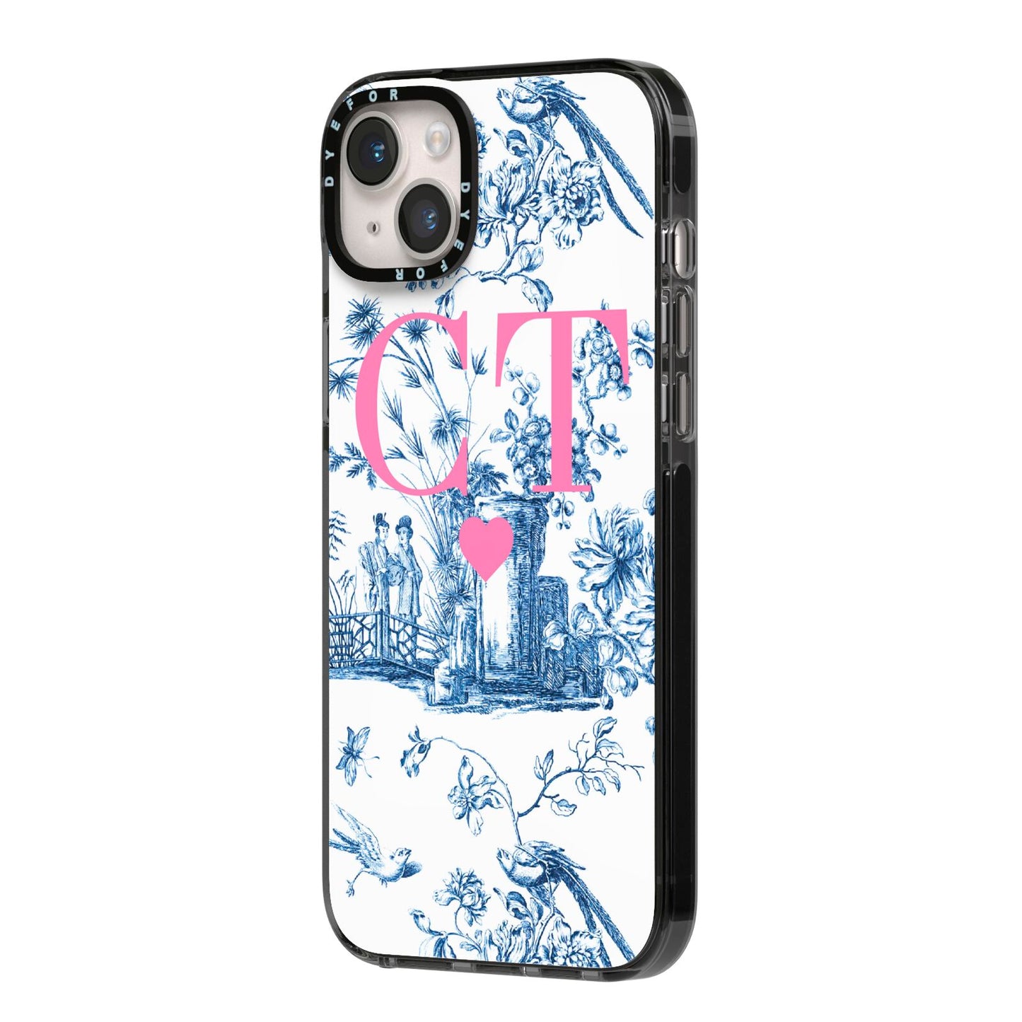 Personalised Chinoiserie Initials iPhone 14 Plus Black Impact Case Side Angle on Silver phone