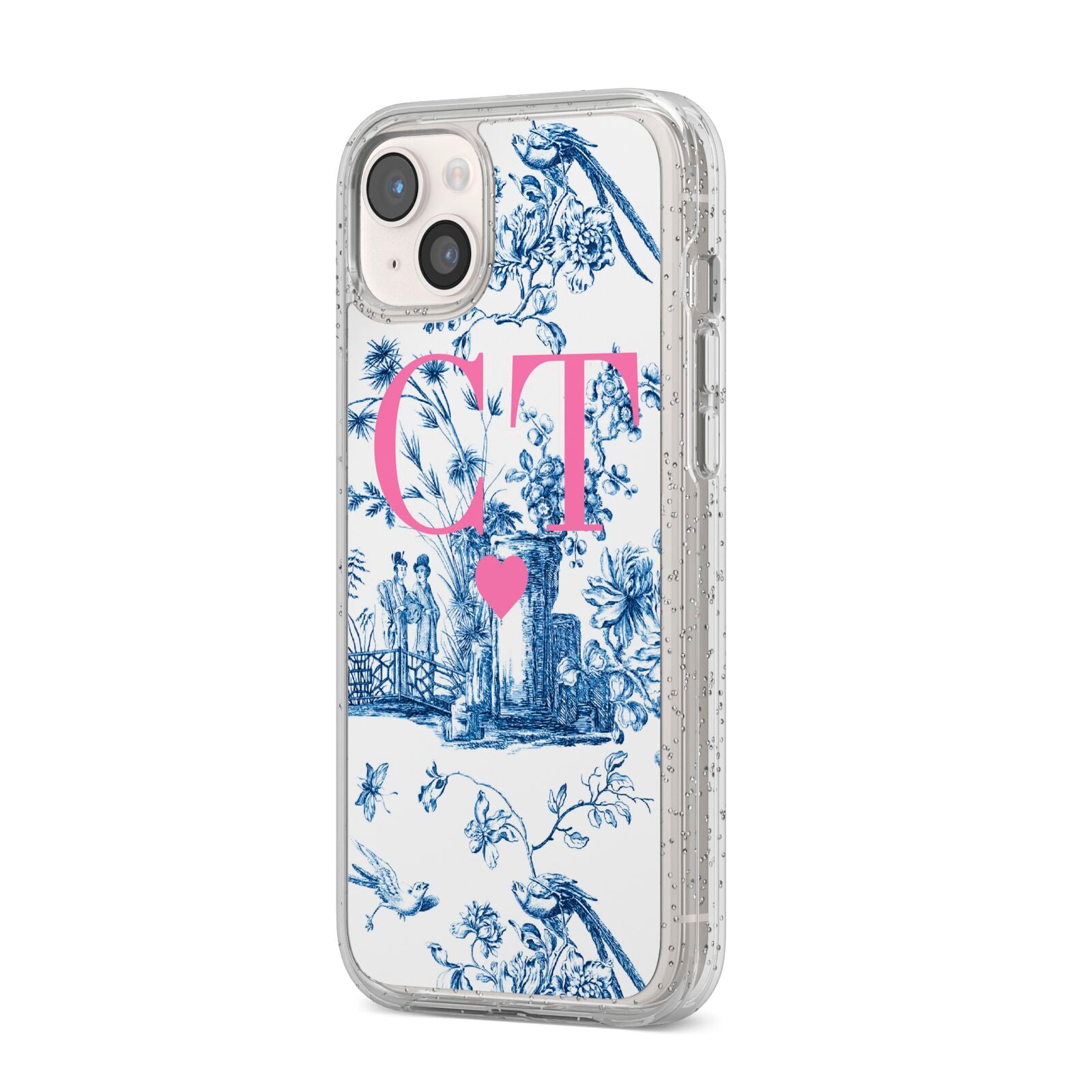 Personalised Chinoiserie Initials iPhone 14 Plus Glitter Tough Case Starlight Angled Image