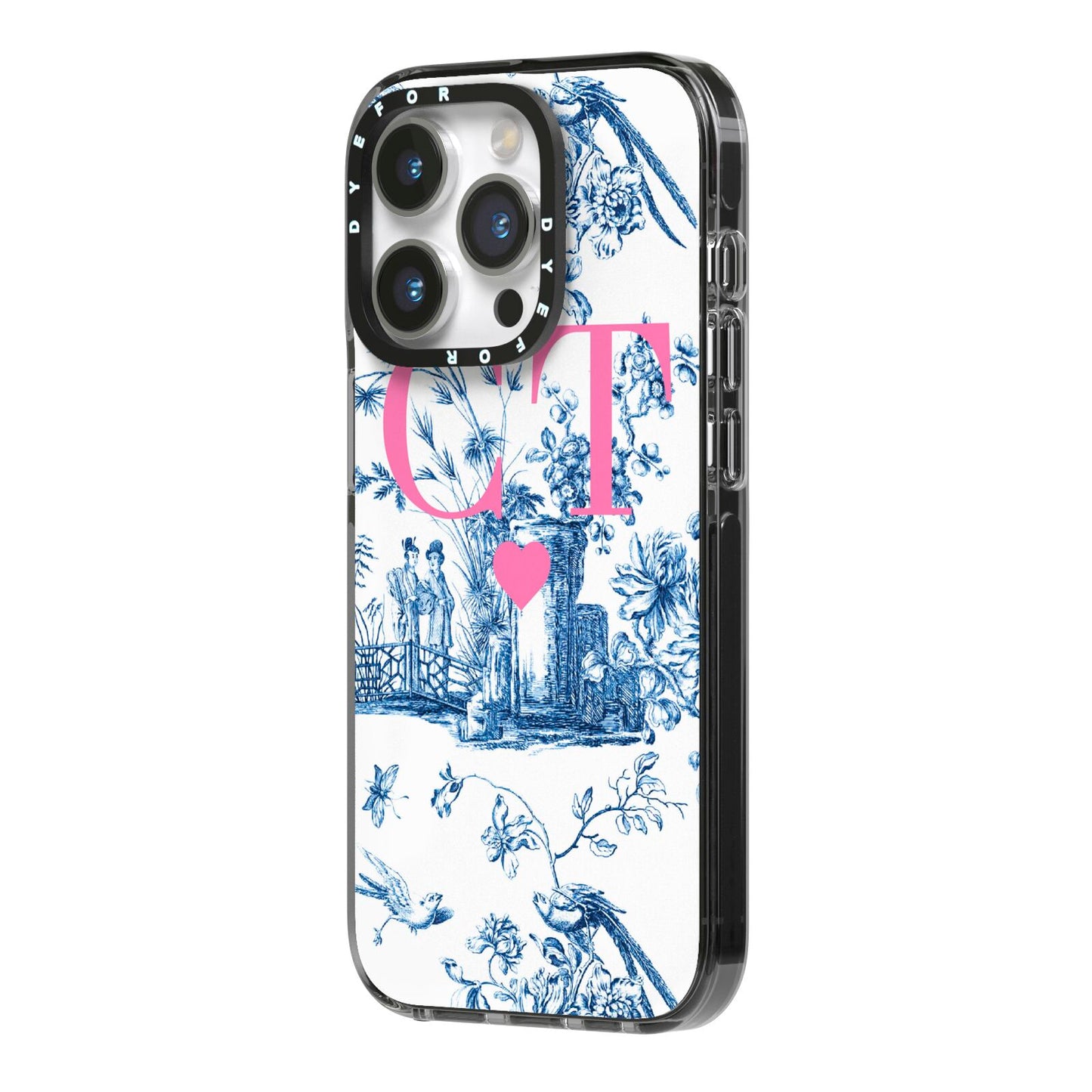 Personalised Chinoiserie Initials iPhone 14 Pro Black Impact Case Side Angle on Silver phone