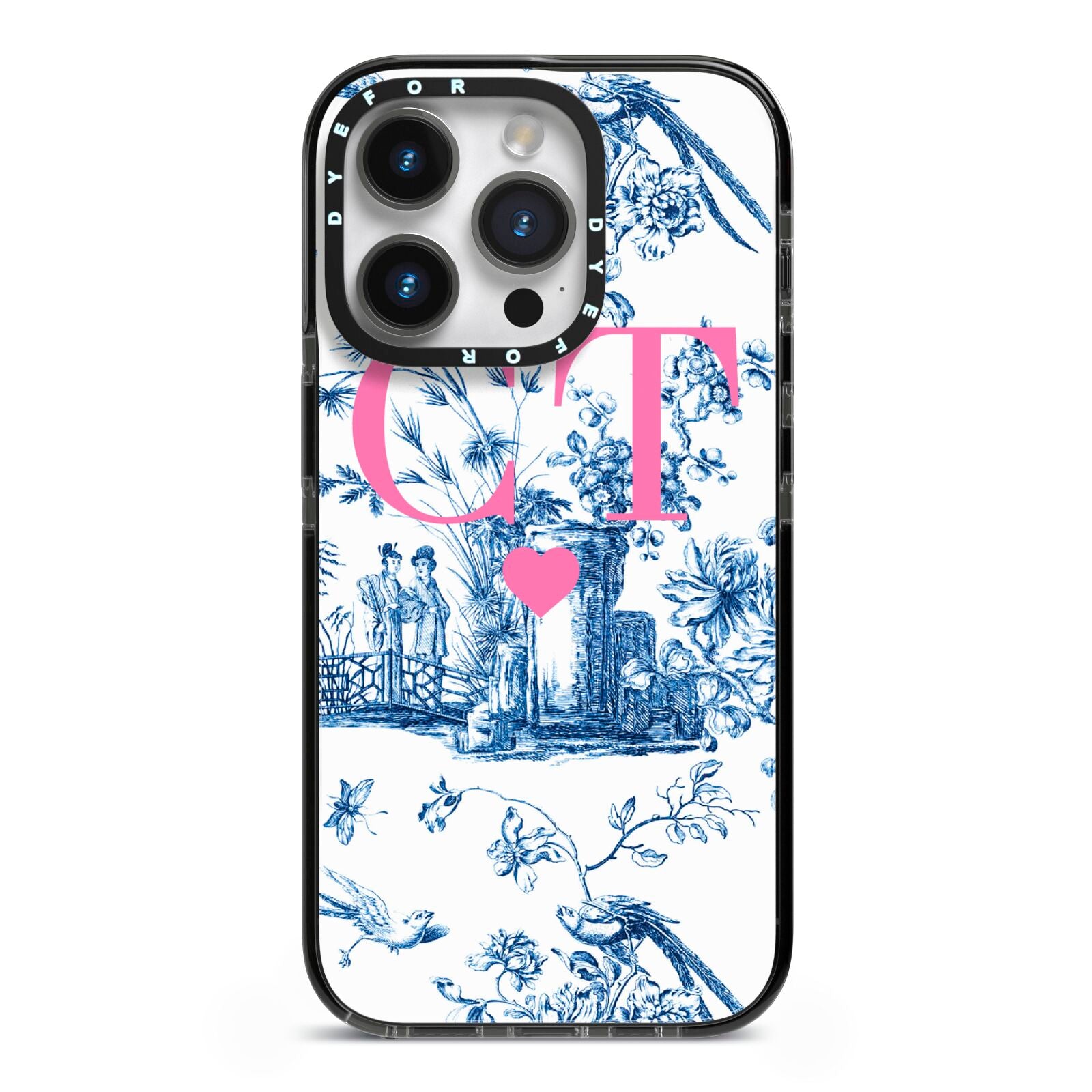 Personalised Chinoiserie Initials iPhone 14 Pro Black Impact Case on Silver phone