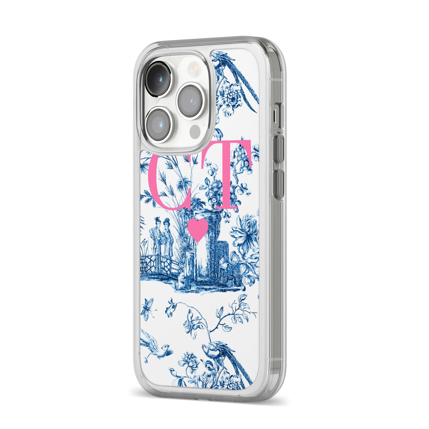 Personalised Chinoiserie Initials iPhone 14 Pro Clear Tough Case Silver Angled Image